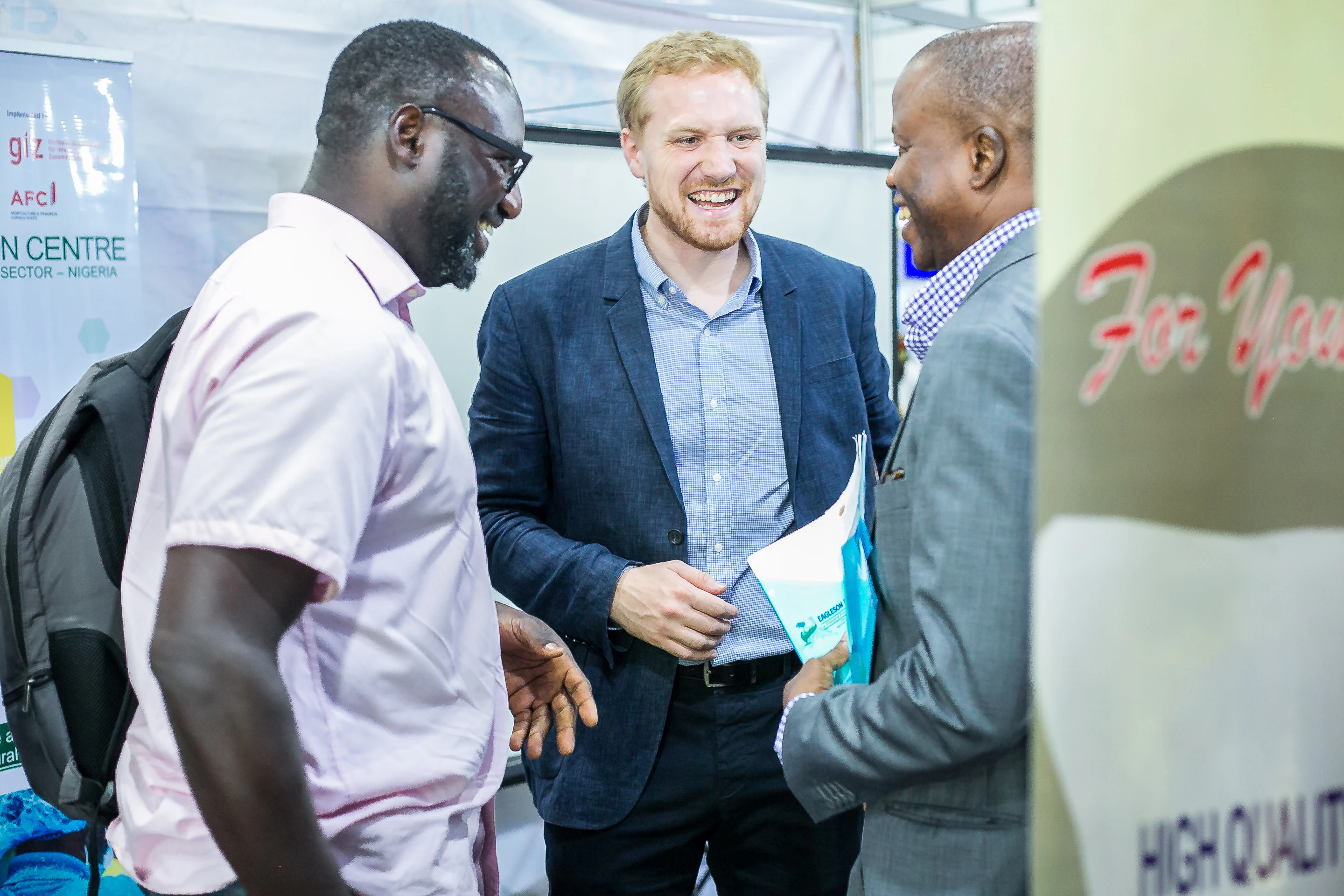 Agriculture suppliers and buyers connecting through business networking meetings at Growtech West Africa in Lagos, Nigeria.