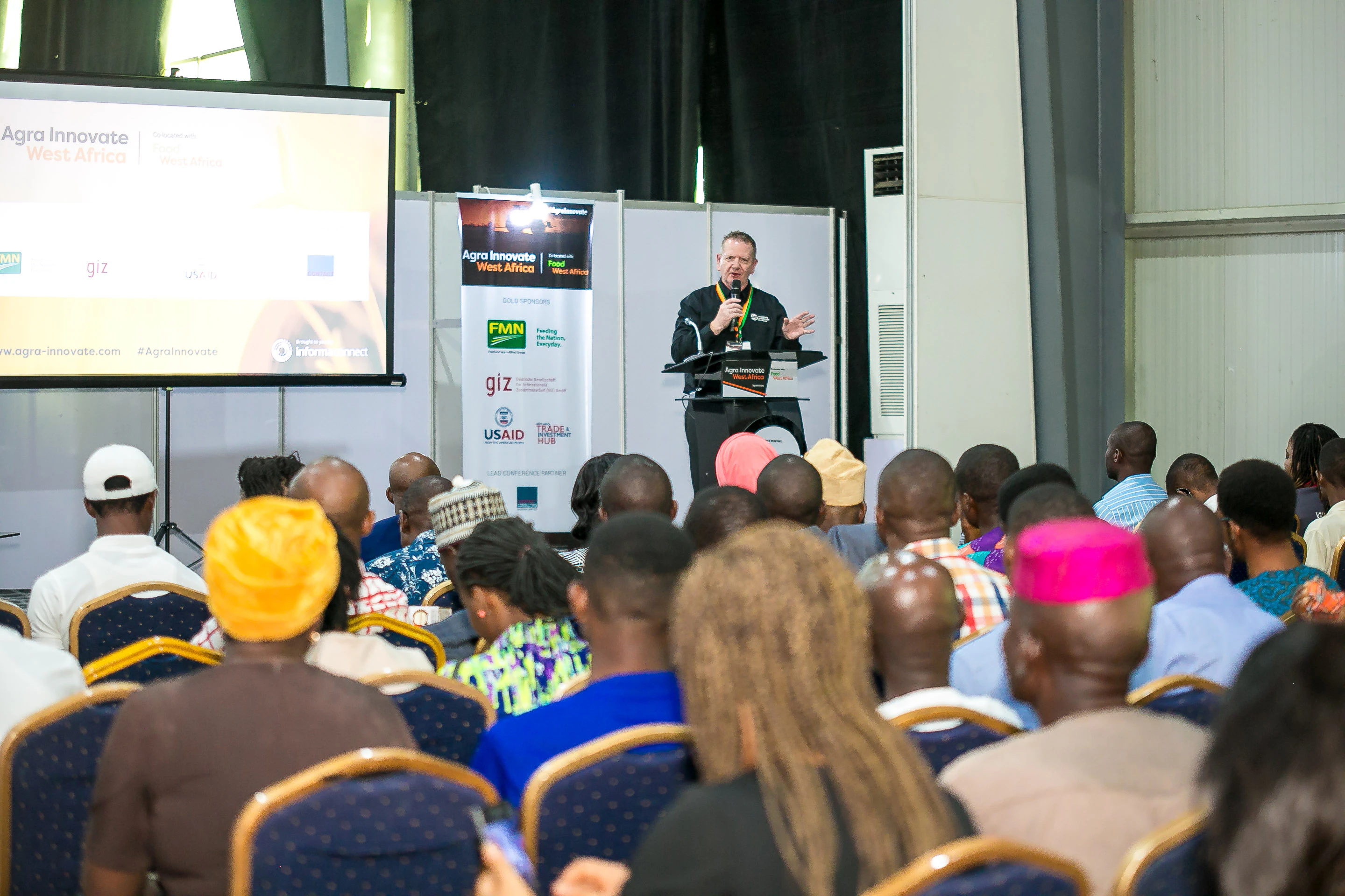 Agriculture conference session featuring industry experts sharing insights on agribusiness, food security and sustainable farming at Growtech West Africa.