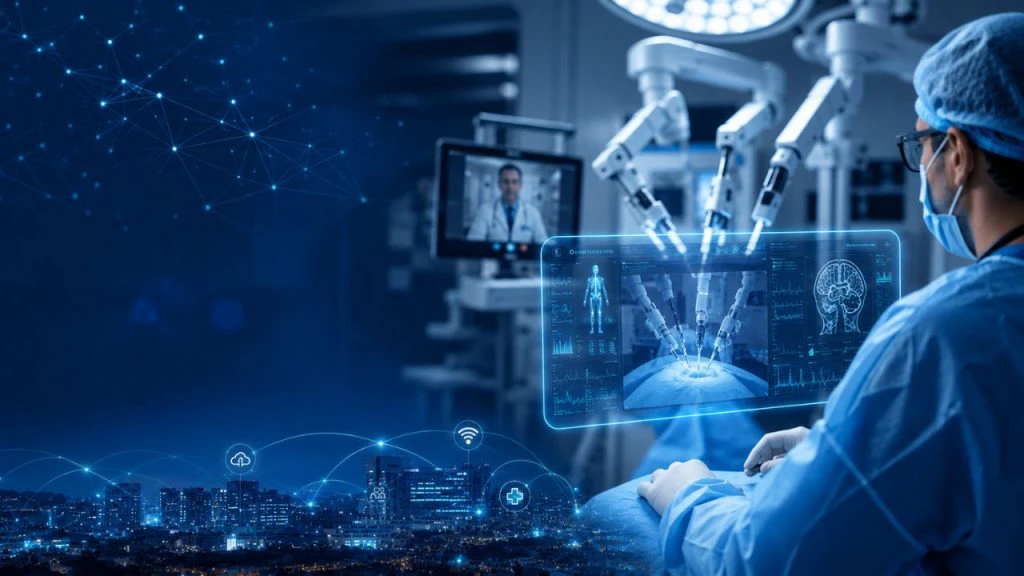 Ilustração digital de cirurgião operando robô cirúrgico com interface holográfica em primeiro plano, exibindo dados médicos e imagens do corpo humano, em ambiente hospitalar com tonalidade azul tecnológica.