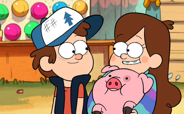 From left to right: Dipper Pines standing next to his twin sister Mabel Pines, all while she holds Waddles the Pig.