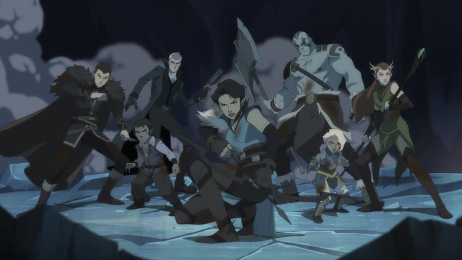 A screen cap from The Legend of Vox Machina, featuring the main cast all striking a cool pose.