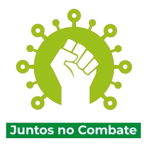 Ilustração de um punho fechado erguido em silhueta branca, centralizado dentro de um círculo verde-limão que remete à estrutura de um vírus. Abaixo, uma faixa verde escura com o texto 'Juntos no Combate' em branco.