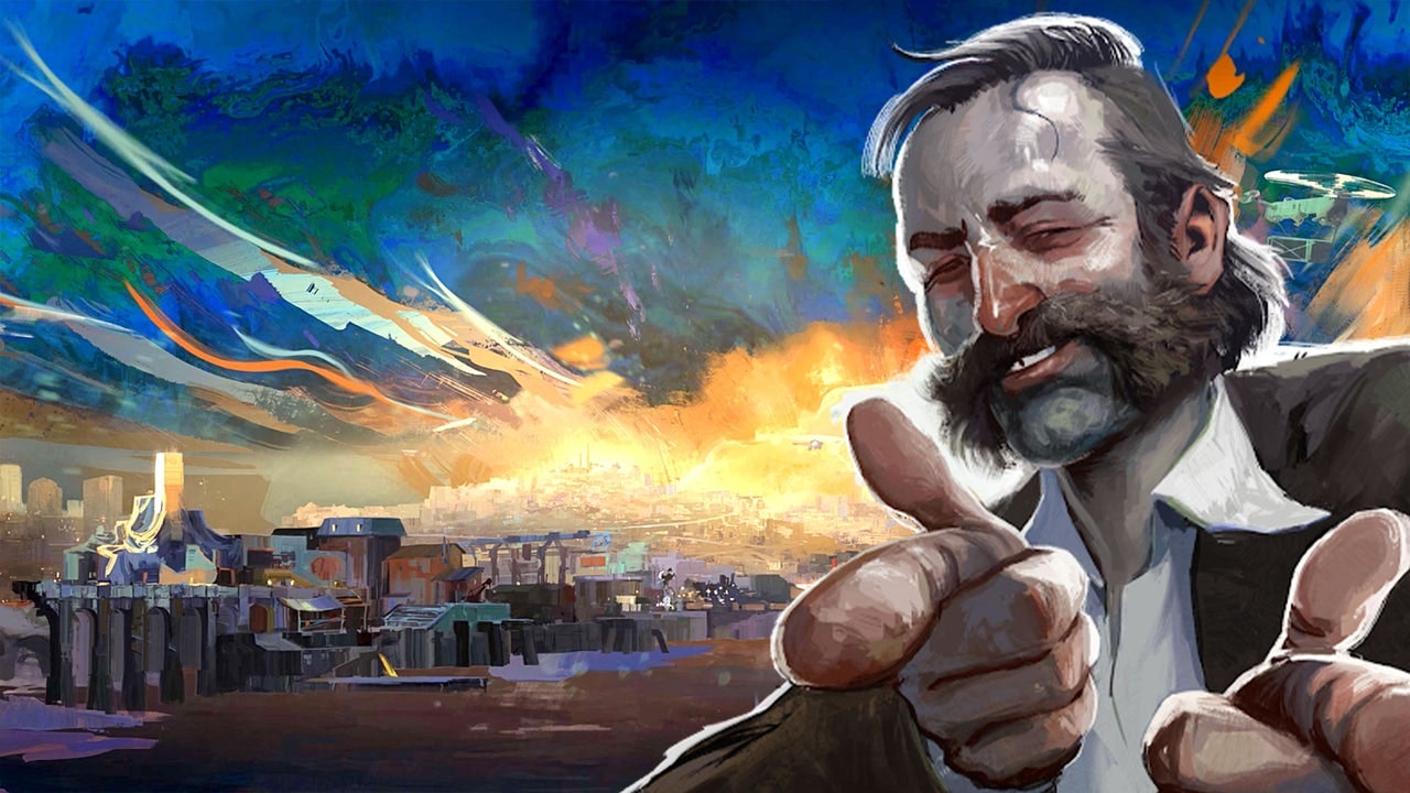 The protagonist of Disco Elysium, Harry Du Bois, showcasing his finger guns and The Expression. In the background is the setting of Disco Elysium, this being the district of Martinaise within the city of Revachol.