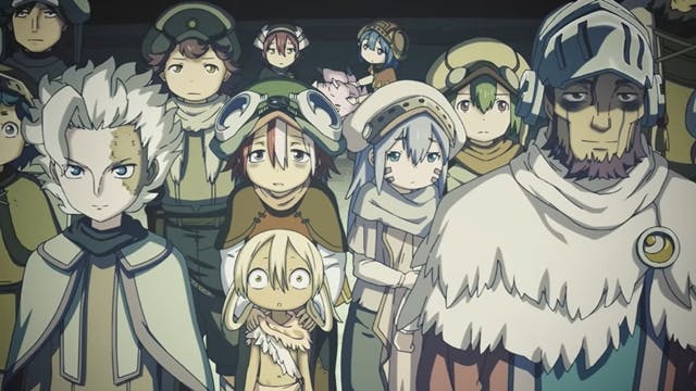 A group of anime characters stand together looking sad