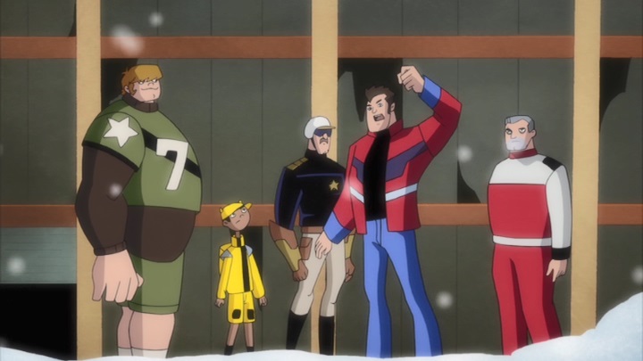The protagonist Autobots from Transformers Animated, all seemingly transformed into human forms. From left to right: Bulkhead, Bumblebee, Prowl, Optimus Prime, and Ratchet.