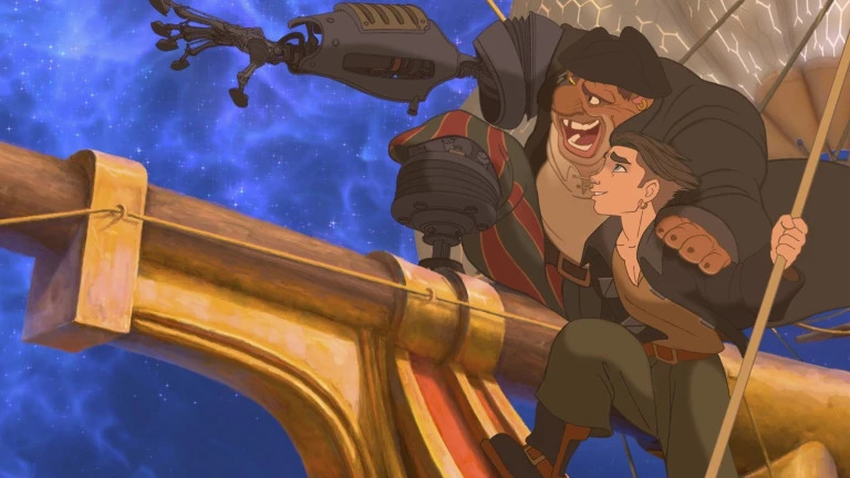 A shot from Treasure Planet featuring John Silver (Brian Murray) and Jim Hawkins (Joseph Gordon-Levitt) looking on from the bow of RLS Legacy.