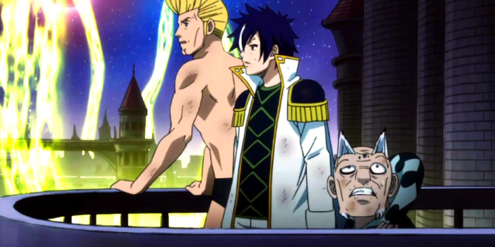 spiky haired young man looking out from a tall balcony onto a city of magic