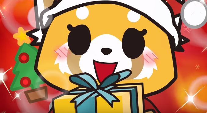 The protagonist of Aggretsuko, Retsuko, in a still from the episode. In it, she smiles at the viewer, all while holding a wrapped-up present and wearing a Santa costume.