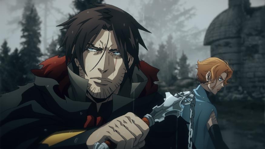 Two of the protagonists of Castlevania, standing beside each other. On the left is Trevor Belmont, wearing his typical vampire hunting garb and wielding his signature whip weapon. On the right is Sypha Belnades, wearing the clothing of her people, the Speakers.