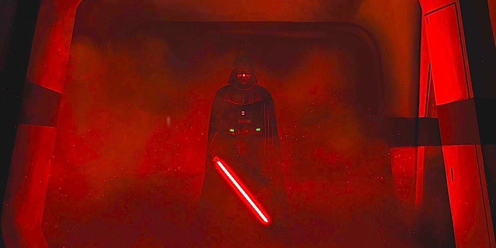 Darth Vader from Rogue One at the end of a hallway holding his red Lightsaber