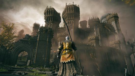 A screenshot from the game, of a player character in front of Stormveil Castle.