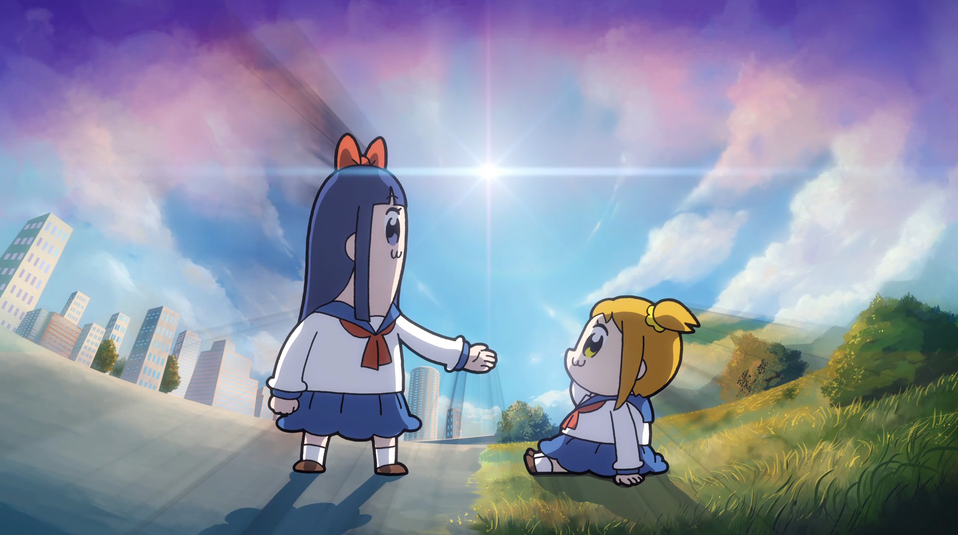 A screen cap from Episode 1 of Pop Team Epic. Here, Pipimi (left) offers a hand to Popuko (right), who is on the ground. In the background a star falls from the sky.