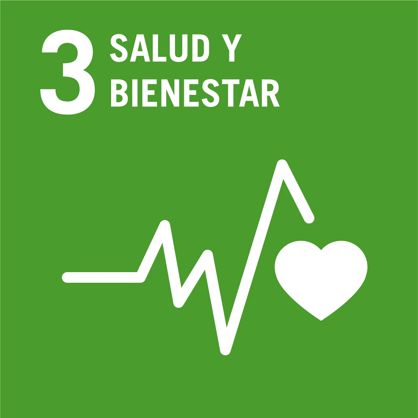 Logo del Objetivo de Desarrollo Sostenible 3: Salud y Bienestar en fondo verde con icono de latido cardíaco y corazón.