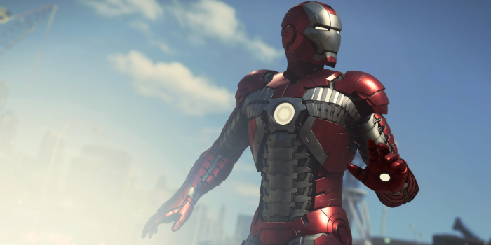 thin iron man suit looking off into distance