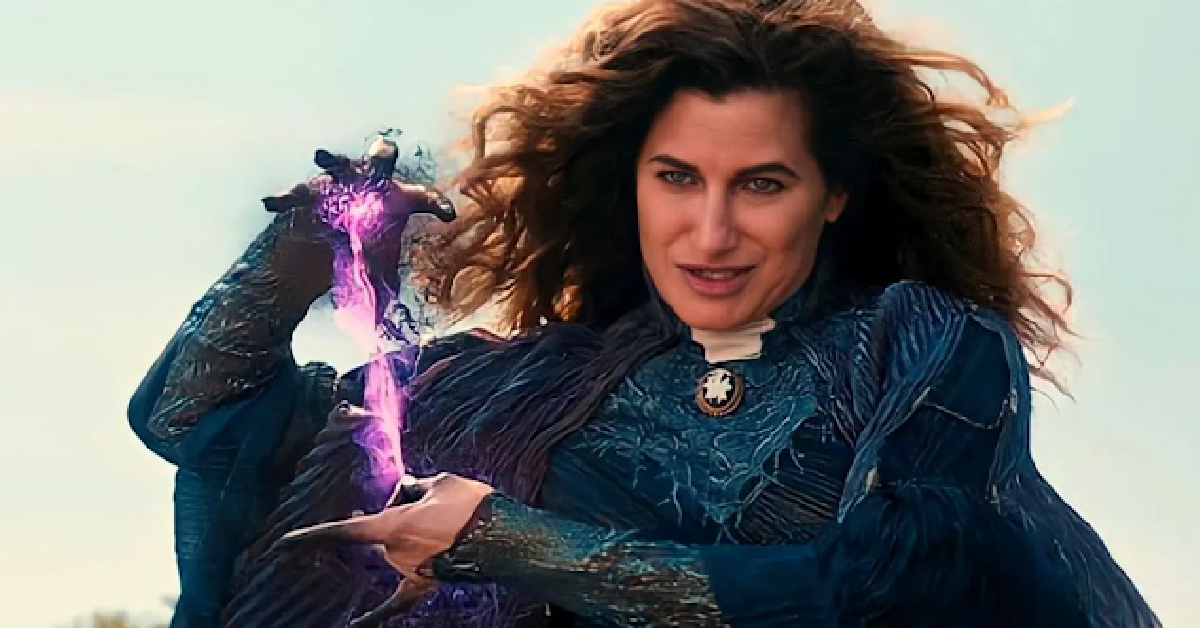 Agatha Harkness during her fight with Wanda, floating in the air with purple magic emanating from her hands