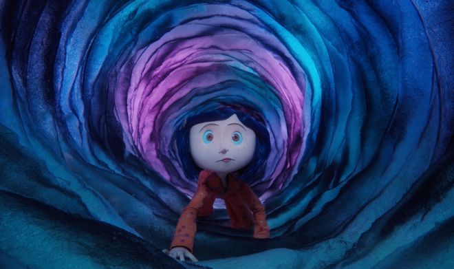 Coraline Jones, the eponymous main character of Coraline, crawling through a tunnel leading to the Other World.