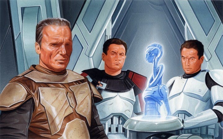 Kal'buir in his traditional brown Mando armour receives a transmission from a Kaminoan