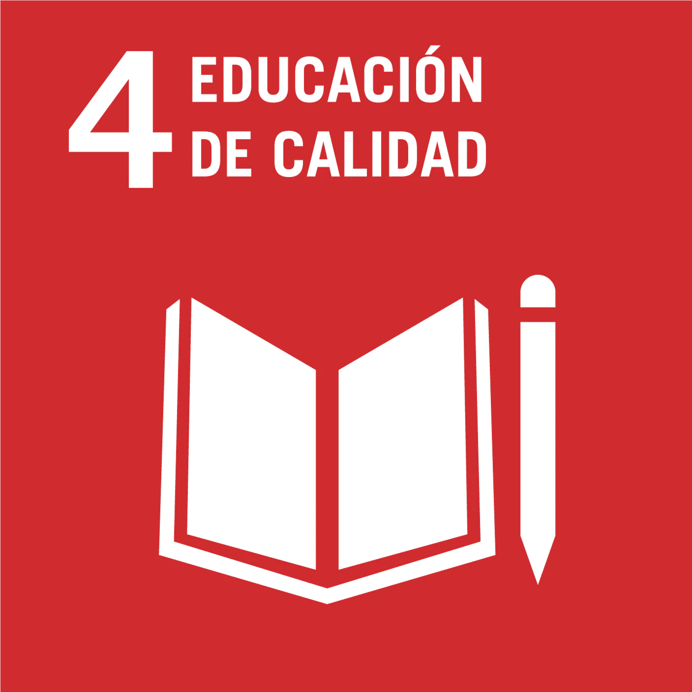 Logo del Objetivo de Desarrollo Sostenible 4: Educación de Calidad en fondo rojo con icono de libro abierto y lápiz.