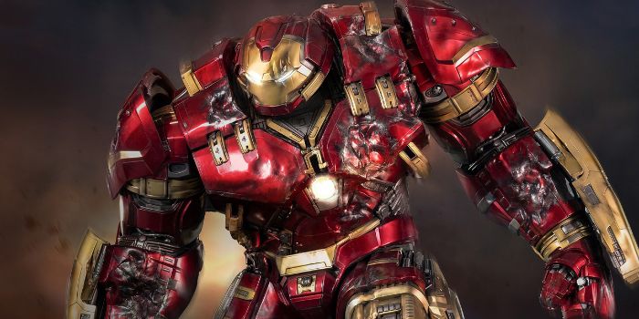 big bulky iron man suit with damaged parts