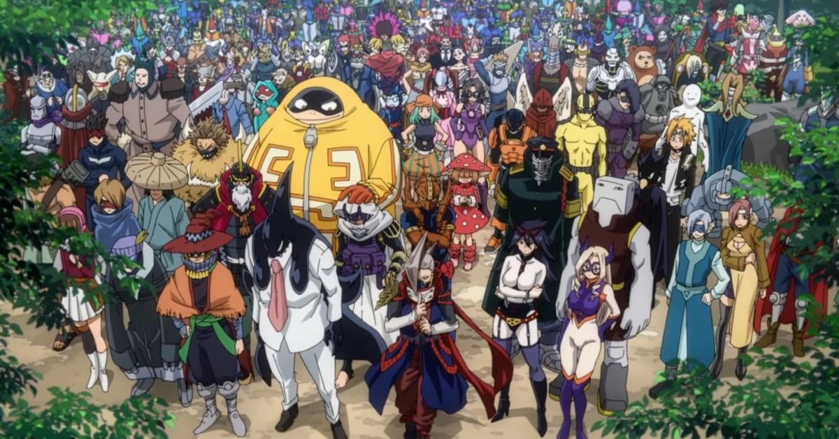 A pan shot from the trailer for My Hero Academia season six featuring many pro heroes, including Fat Gum, Gang Orca, Cementoss, Midnight, and more.