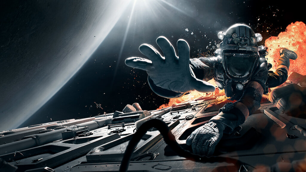 An image used by Netflix to promote The Expanse, depicting an astronaut holding onto the side of spacecraft in an attempt to avoid being blown away by an explosion.