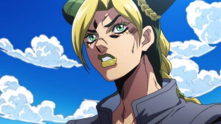 Jolyne Cujoh, the main character of Stone Ocean, standing in front of a cloudy, blue sky.