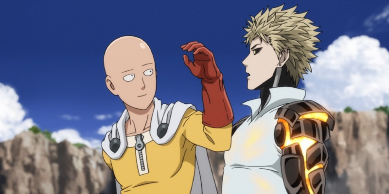 From left to right: A happy Saitama standing next to Genos, his "disciple".