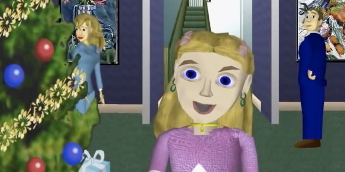 A shot from Rapsittie Street Kids: Believe in Santa. Here, the character Nicole (Paige O'Hara) smiles at the Christmas presents at her family's Christmas tree. In the background, her parents look on.