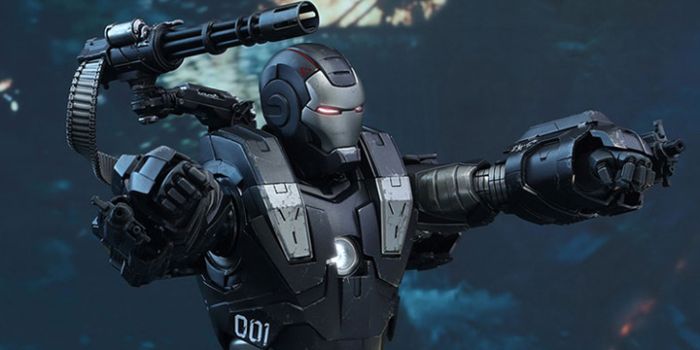 militaristic war machine mech suit raising arms in battle aiming shoulder gun