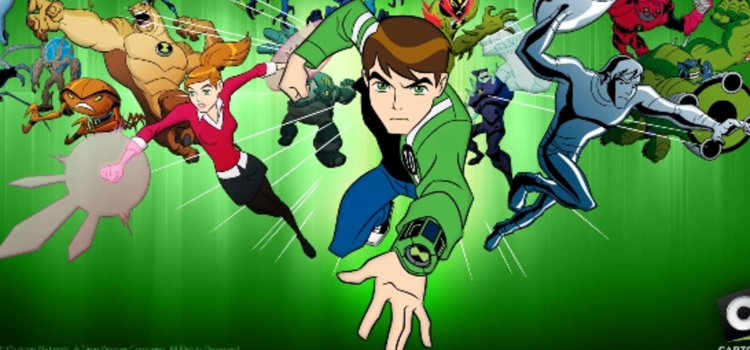Ben 10 characters leaping into the air for a fight