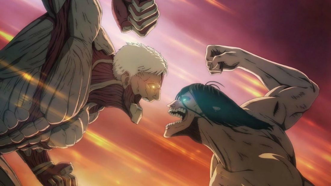 Eren Jaeger (right) in a pitched battle with Reiner Braun (left), both in Titan form.