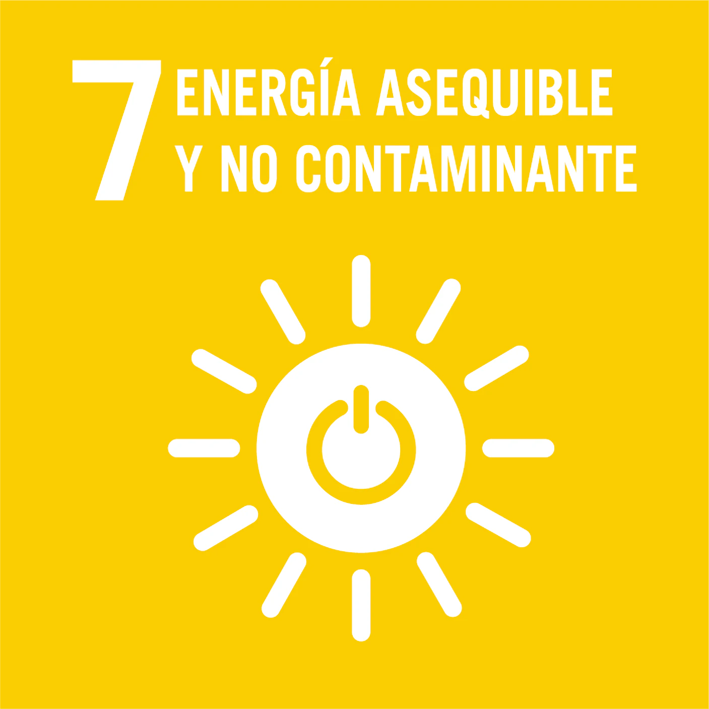 Logo del Objetivo de Desarrollo Sostenible 7: Energía Asequible y No Contaminante en fondo amarillo con icono de sol y botón de encendido.