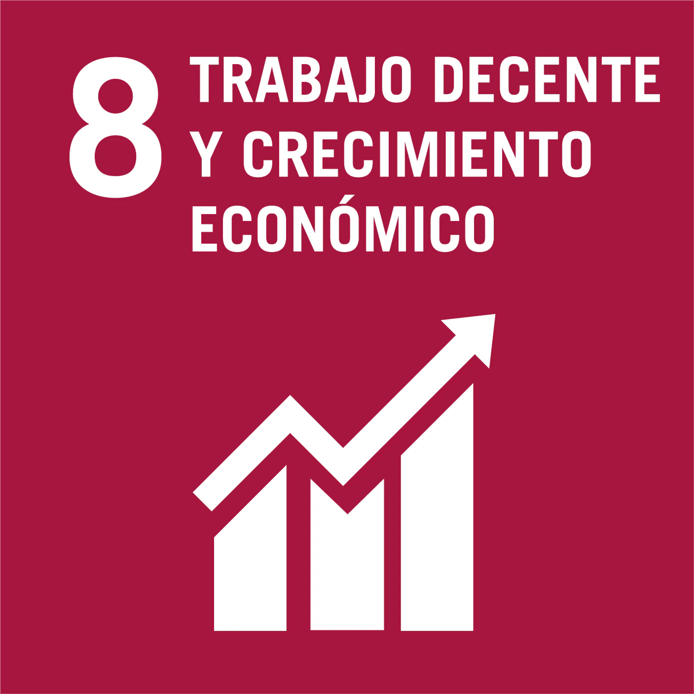 Logo del Objetivo de Desarrollo Sostenible 8: Trabajo Decente y Crecimiento Económico en fondo granate con icono de gráfico de barras y flecha ascendente.
