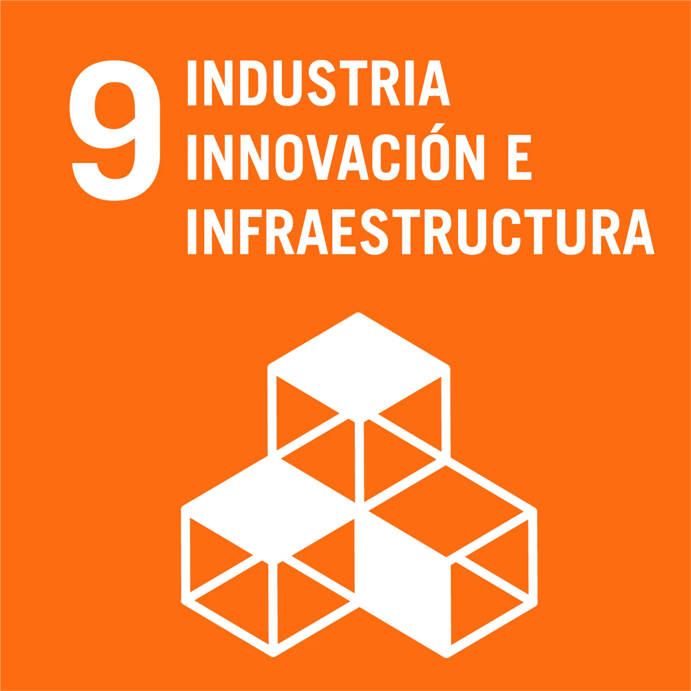 Logo del Objetivo de Desarrollo Sostenible 9: Industria, Innovación e Infraestructura en fondo naranja con icono de tres cubos geométricos interconectados.
