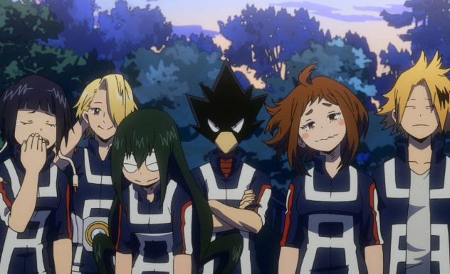 group of my hero academia students looking tired in a forest