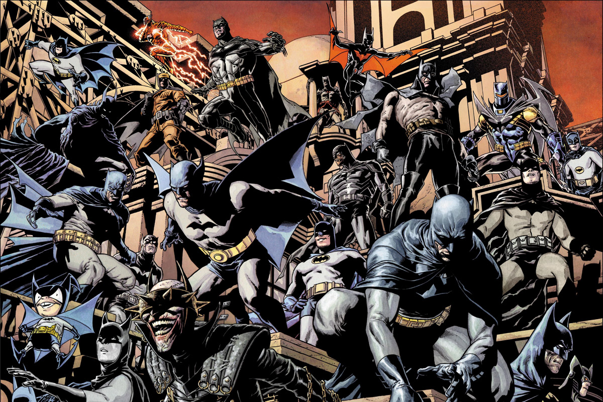 A giant group of Batman's post on a rooftop