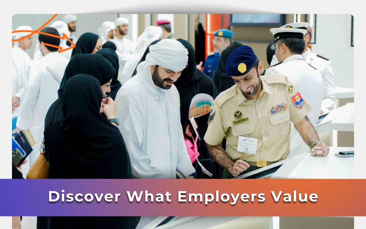 Emirati jobseekers having one-on-one hiring conversations with UAE companies at Tawdheef x Zaheb 2025 in Abu Dhabi.