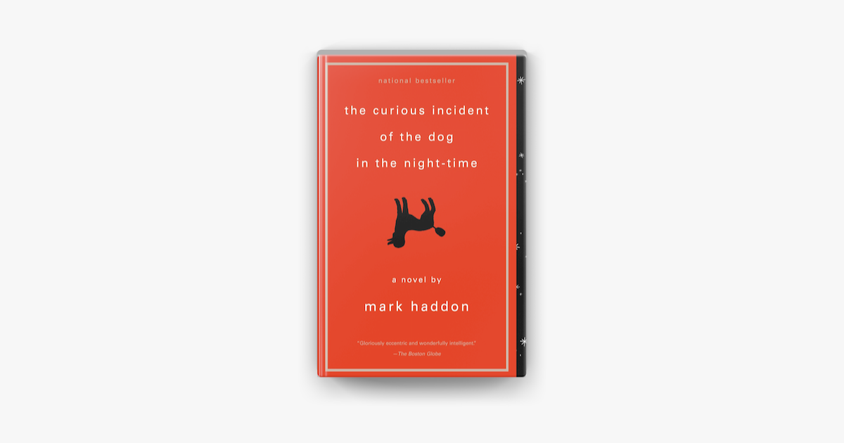 A white background, with an orange cover of the book The Curious Incident of the Dog in the Night Time.