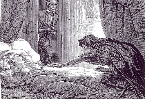 A woman reaches out to a sleeping woman in her bed as a man with a knife looks on from a closet