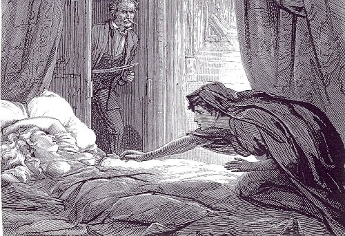 A woman reaches out to a sleeping woman in her bed as a man with a knife looks on from a closet