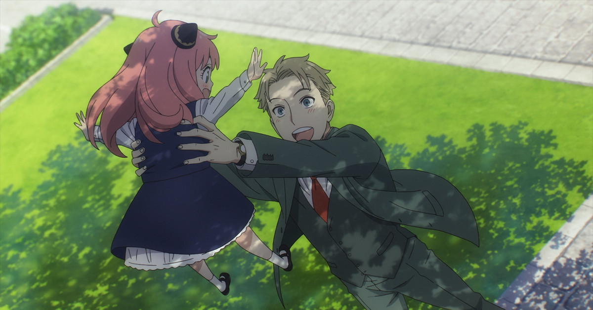 Loid Forger (AKA, Twilight) lifting up Anya Forger in a moment of visible happiness, the both of them wearing casual clothing.