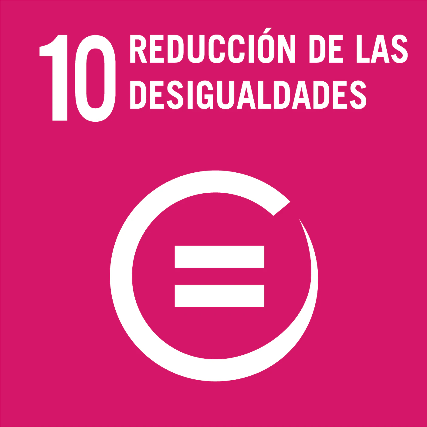 Logo del Objetivo de Desarrollo Sostenible 10: Reducción de las Desigualdades en fondo rosado magenta con icono del signo de igual dentro de un círculo.