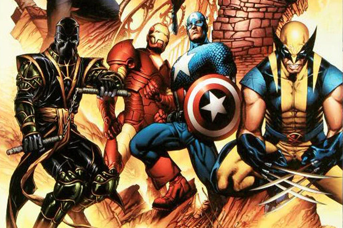 A group of super heros look at the camera