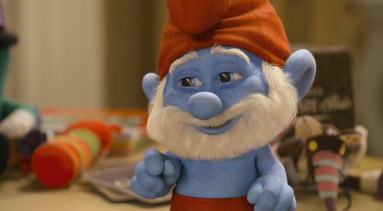 Papa Smurf, mid conversation, smiles to the smurf he's speaking to off screen