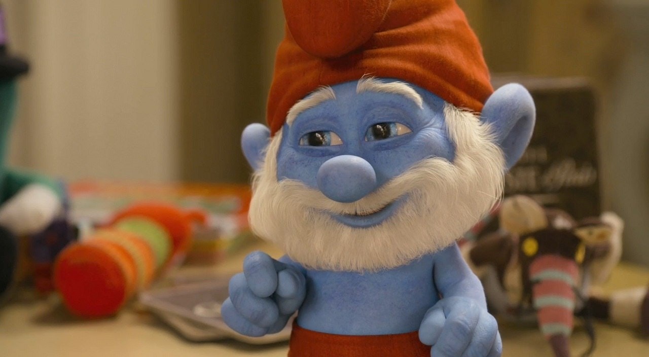 Papa Smurf, mid conversation, smiles to the smurf he's speaking to off screen