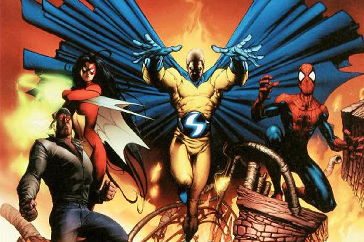 A group of superheros look at the camera