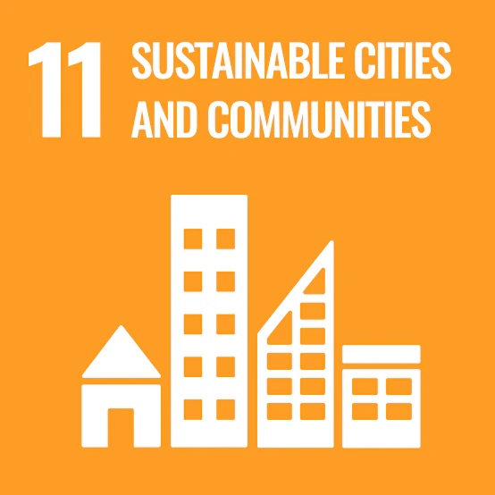 UN Sustainable Development Goal 11 icon for Sustainable Cities and Communities on orange background with white buildings graphic