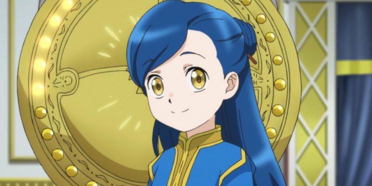 Myne, wearing her priestess outfit, standing in front of a magical artifact.