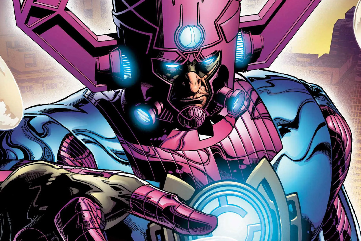 Galactus looks at the camera with blue eyes glowing