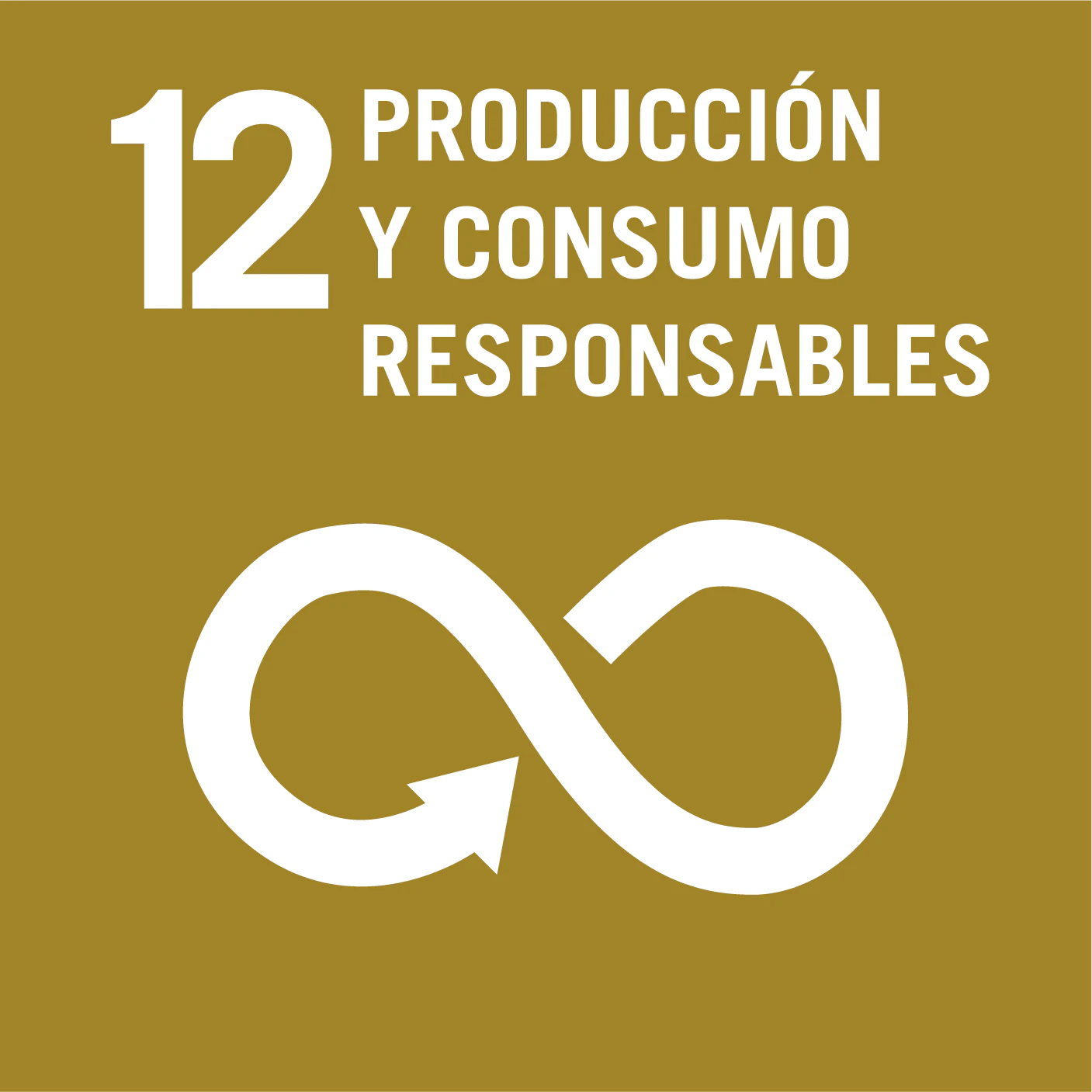Logo del Objetivo de Desarrollo Sostenible 12: Producción y Consumo Responsables en fondo marrón dorado con icono de símbolo de infinito y flechas de reciclaje.